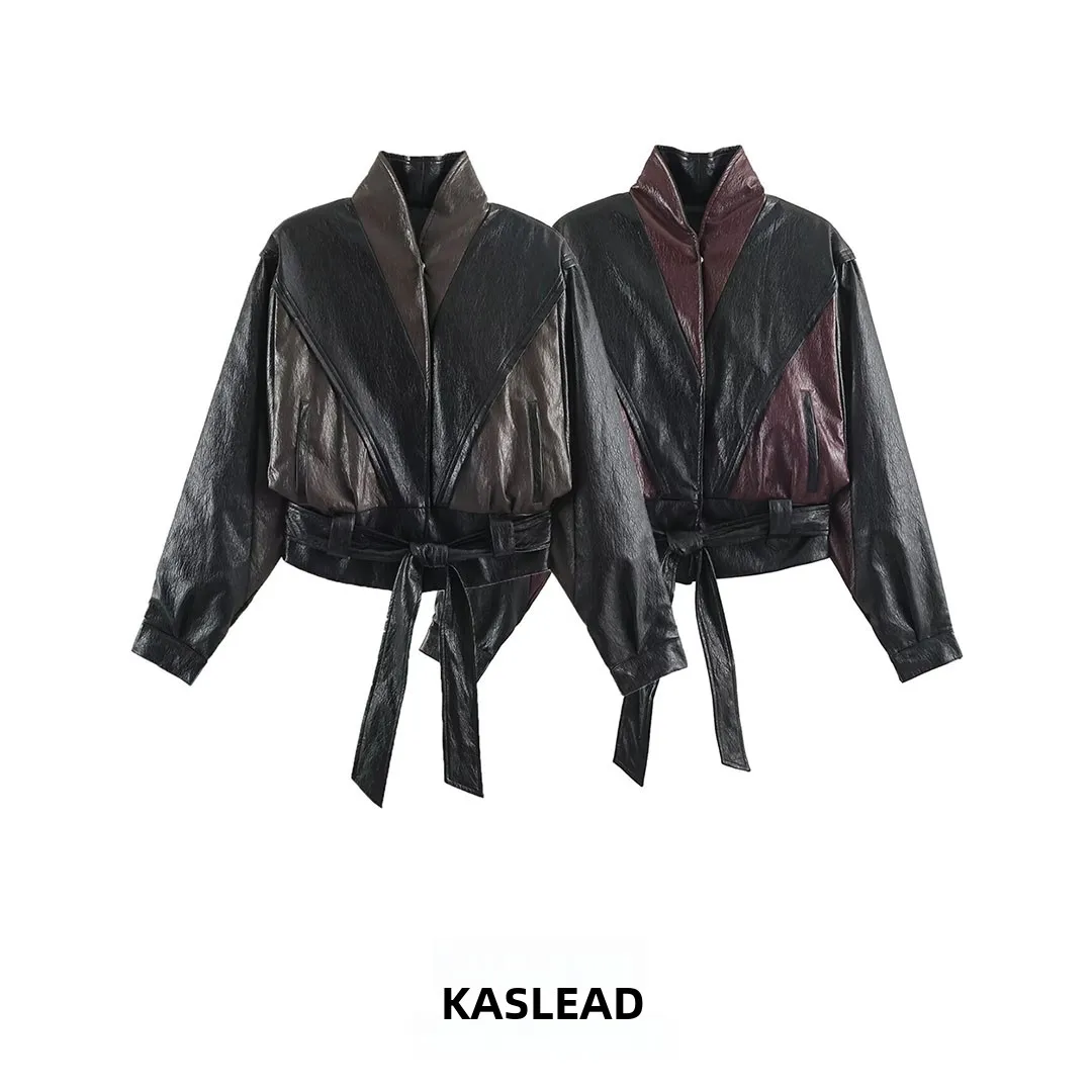 KASLEAD New Women's Leather Effect Belt Jacket Coat Short Style Long Sleeve Polyester Fiber Autumn Fashion Ladies' Wear