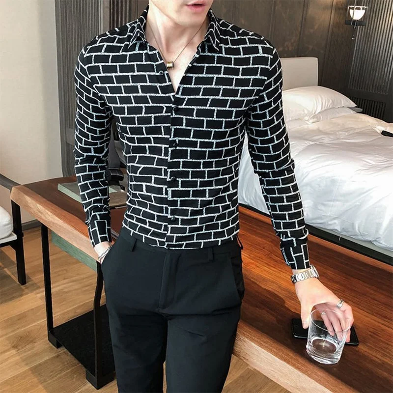 Spring Autumn Polo-neck Vintage Plaid Printing Shirt Male Long Sleeve Korean Fashion Casual Blouse Hombre Slim All-match Top Men