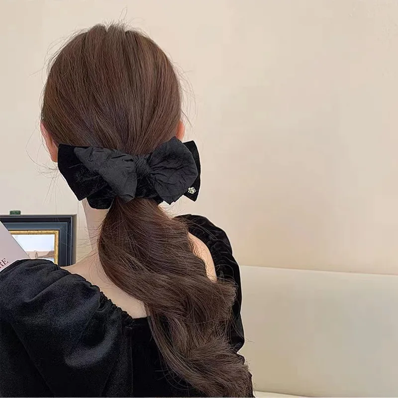 Retro preto veludo bowknot cabelo scrunchies hairband feminino simples outono e inverno temperamento alta sentido elástico corda de cabelo