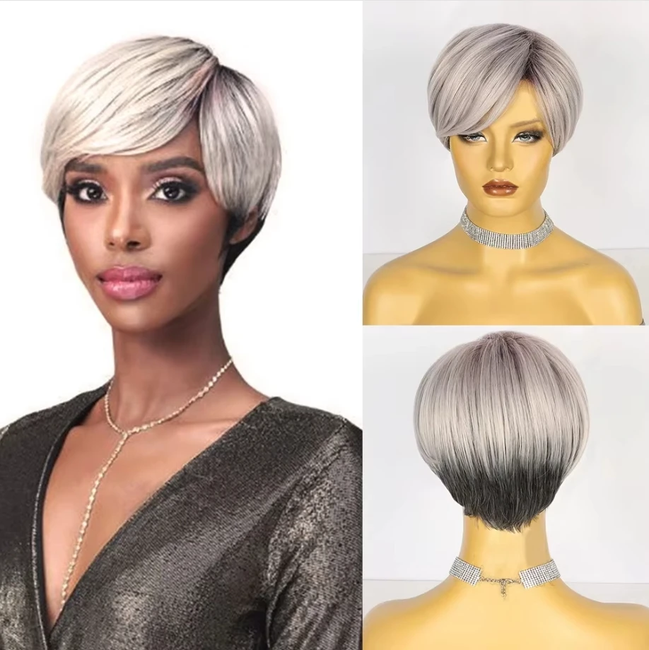 

Synthetic Short Straight Ombre Black Silver Gray Wigs Pixie Cut Women for Daily Party Cosplay