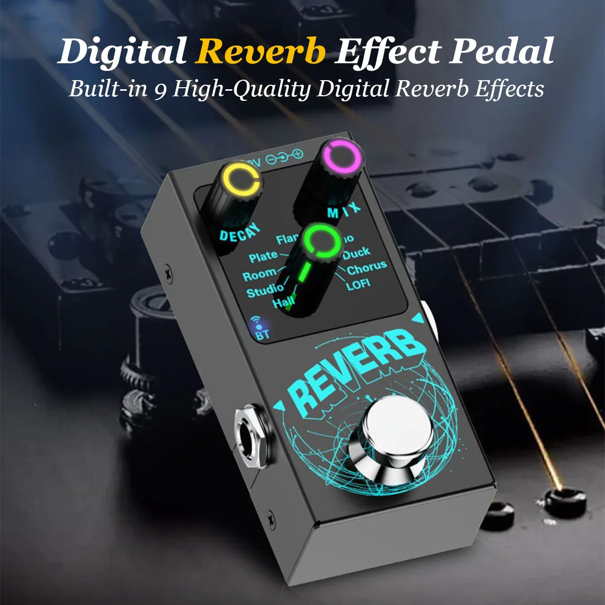 Miwayer Reverb Mini Reverb Pedal – 9 Digital Reverb Types, USB-C/DC 9V, BT Accompaniment, Metal Housing, 86x41x26mm