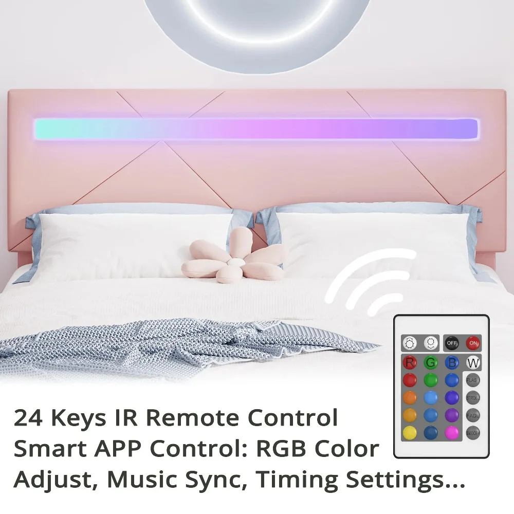 Queen Bed Frame with LED Lights(Smart APP Control), Upholstered Modern Platform Bed Frame, No Box Spring Needed, Pink