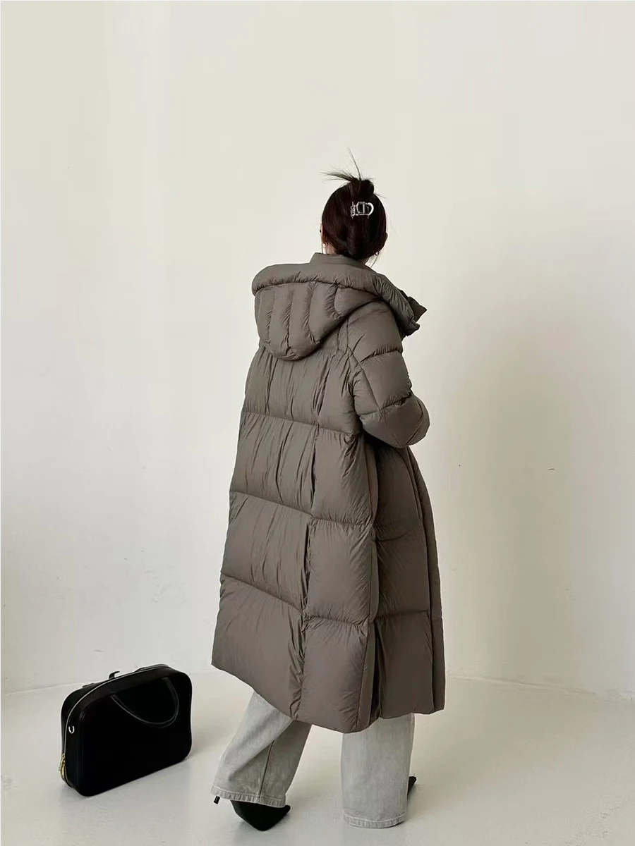 Hirsionsan-Doudoune à Capuche en Duvet de Canard Blanc pour Femme, Manteau Long et Décontracté, Streetwear Rétro, Simple et Chaud, Hiver