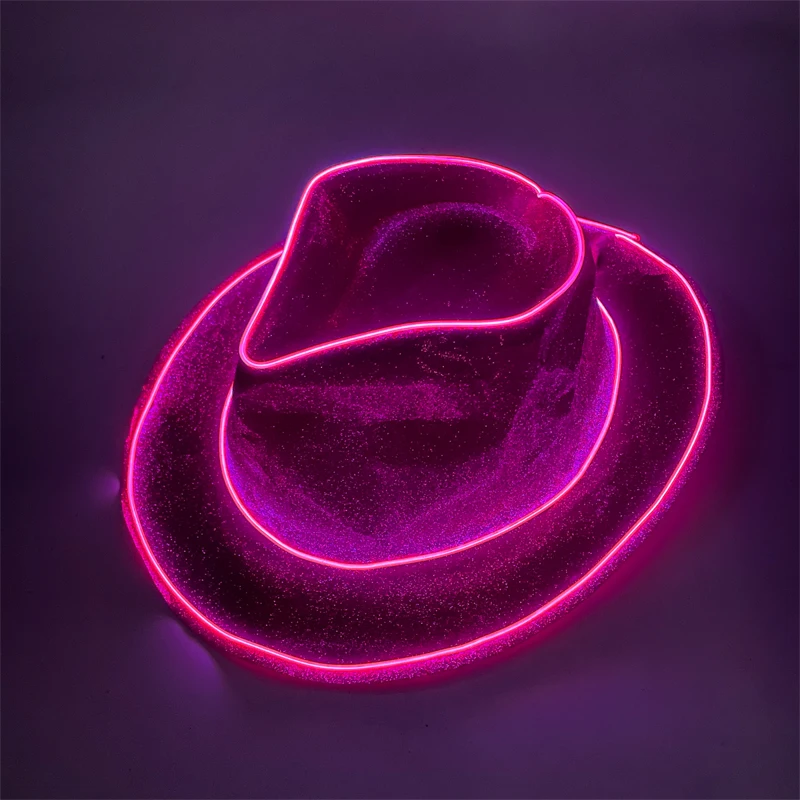 

5/10pcs Pink Glittering Powder Cowboy Fedora Hat LED Glow Sparkling Plastic Top Hat Panama Hat Dance Party Costume Accessories