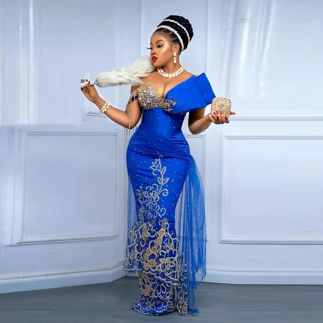 Luxury Handmade Beading African Prom Dresses Traditional Nigerian Royal Blue Formal Occasion Dress Aso Ebi Wedding Guests Gowns