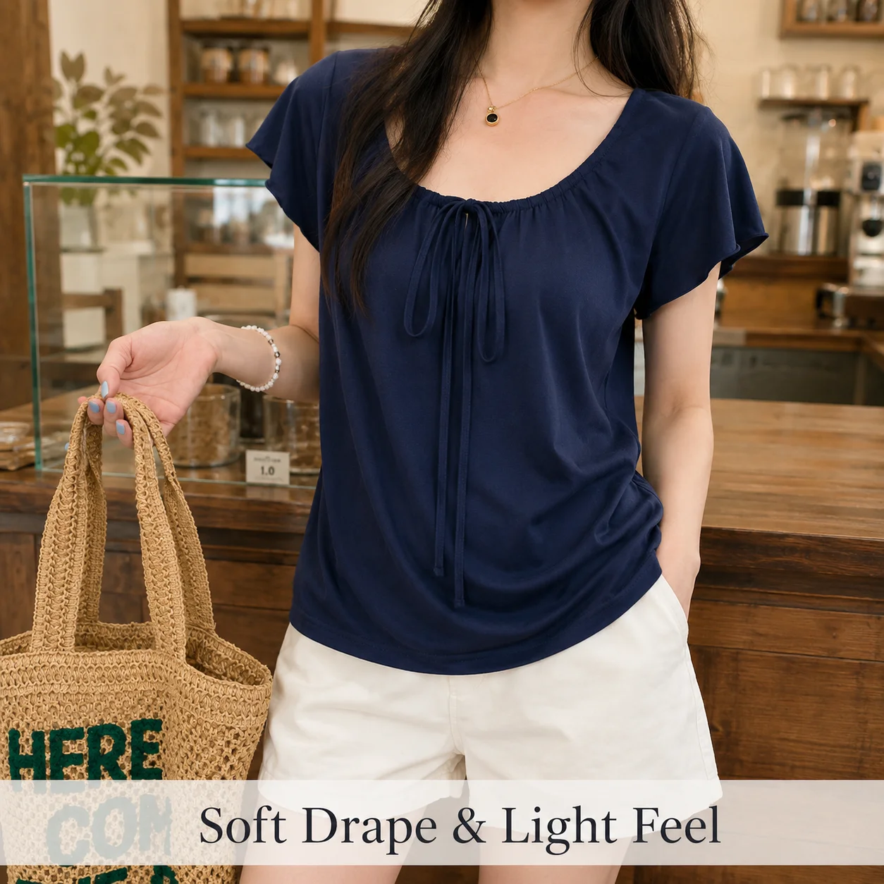 Women Summer Tie Neck Blouse Flutter Sleeve U Neck Viscose Top Loose Fit Short Sleeve Casual Vacation Shirt