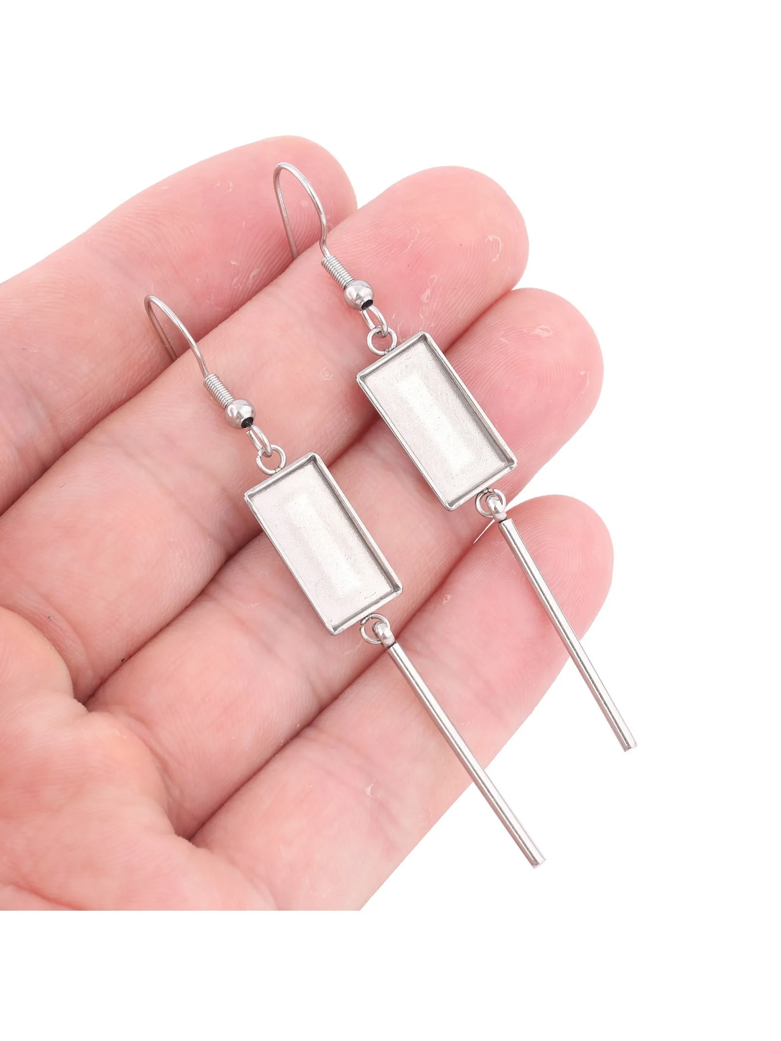 10 pièces en acier inoxydable ajustement 7x14.5mm Rectangle Cabochon boucle d'oreille réglage de Base blancs avec barre pendante bricolage crochets résultats