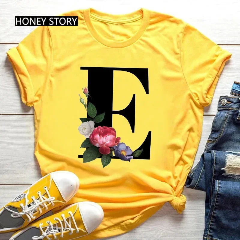 Hot Selling Grote Maat Bloemen 26 Engelse Letters Zwart Mode Trend Print Heren en Dames Casual Geel T-shirt Korte Mouw