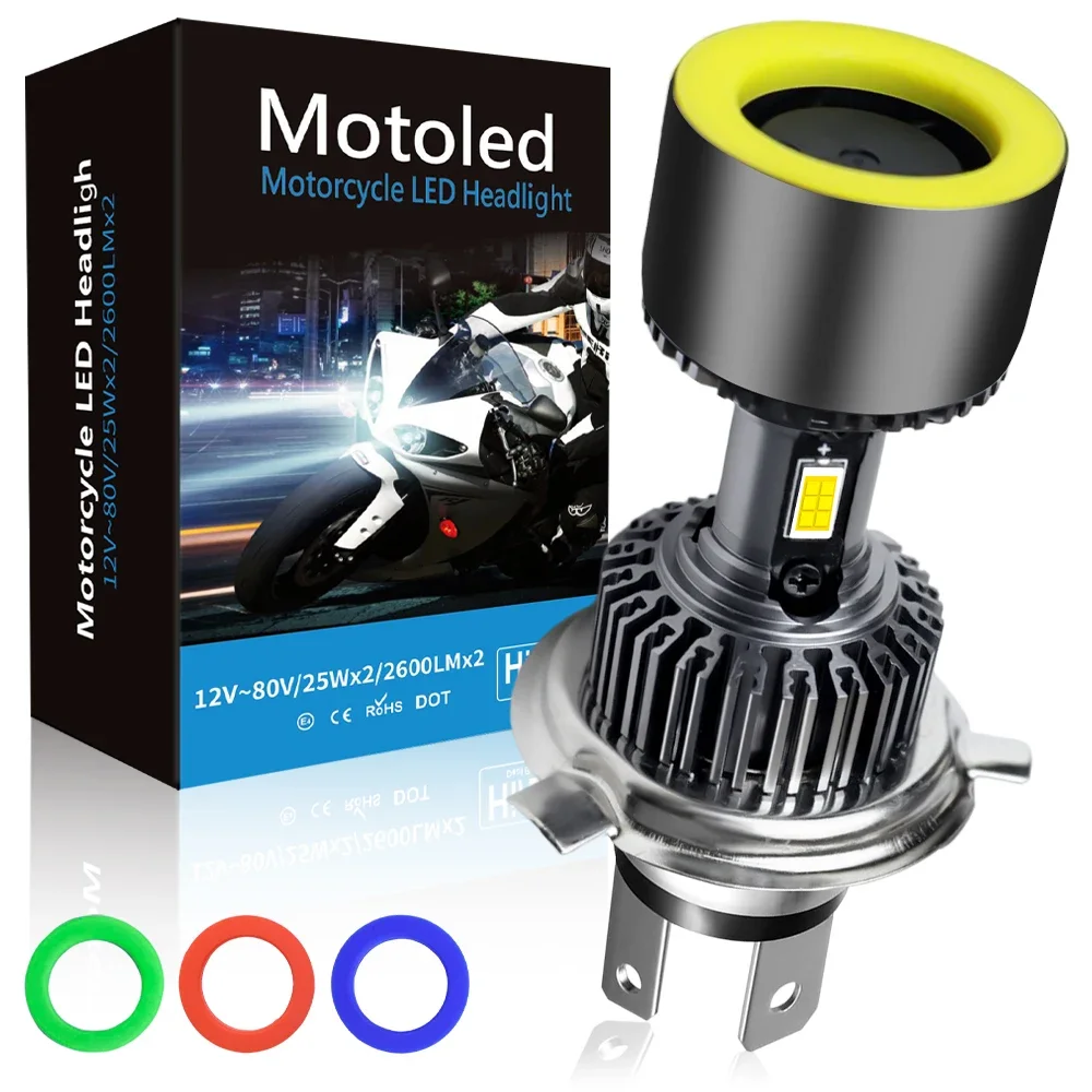 

Motorcycle Car LED Headlights Bulbs with 4 Angel Eye Circle Red Blue Yellow Green 9003 HB2 H4 Bi LED Projector Lens Retrofit