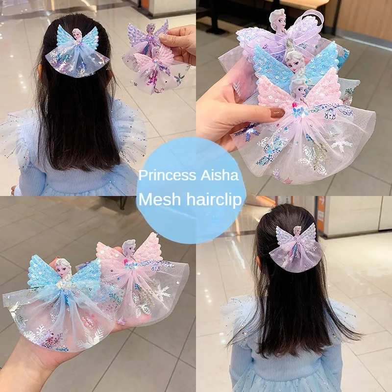 Frozen Princess Elsa Hairpin bambini Cute Yarn Dress Hairpin Girl Bow Tie Hairpin paillettes nappa tornante per bambini regalo di compleanno