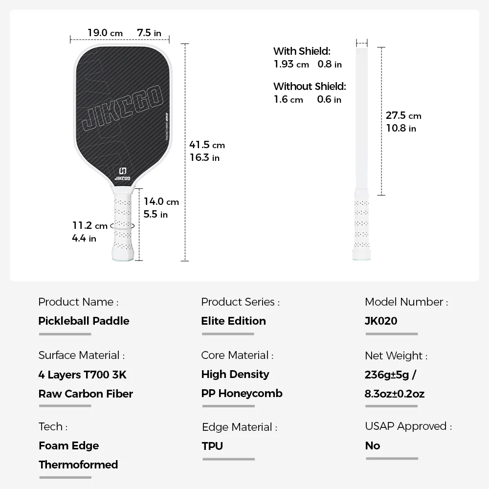 JIKEGO Thermoformé Unibody Pickleball Paddle T700 3K Raw Fibra de Carbono Borda de Espuma CFS 16mm 5.5 polegadas Raquete de Bolas de Picles alongadas