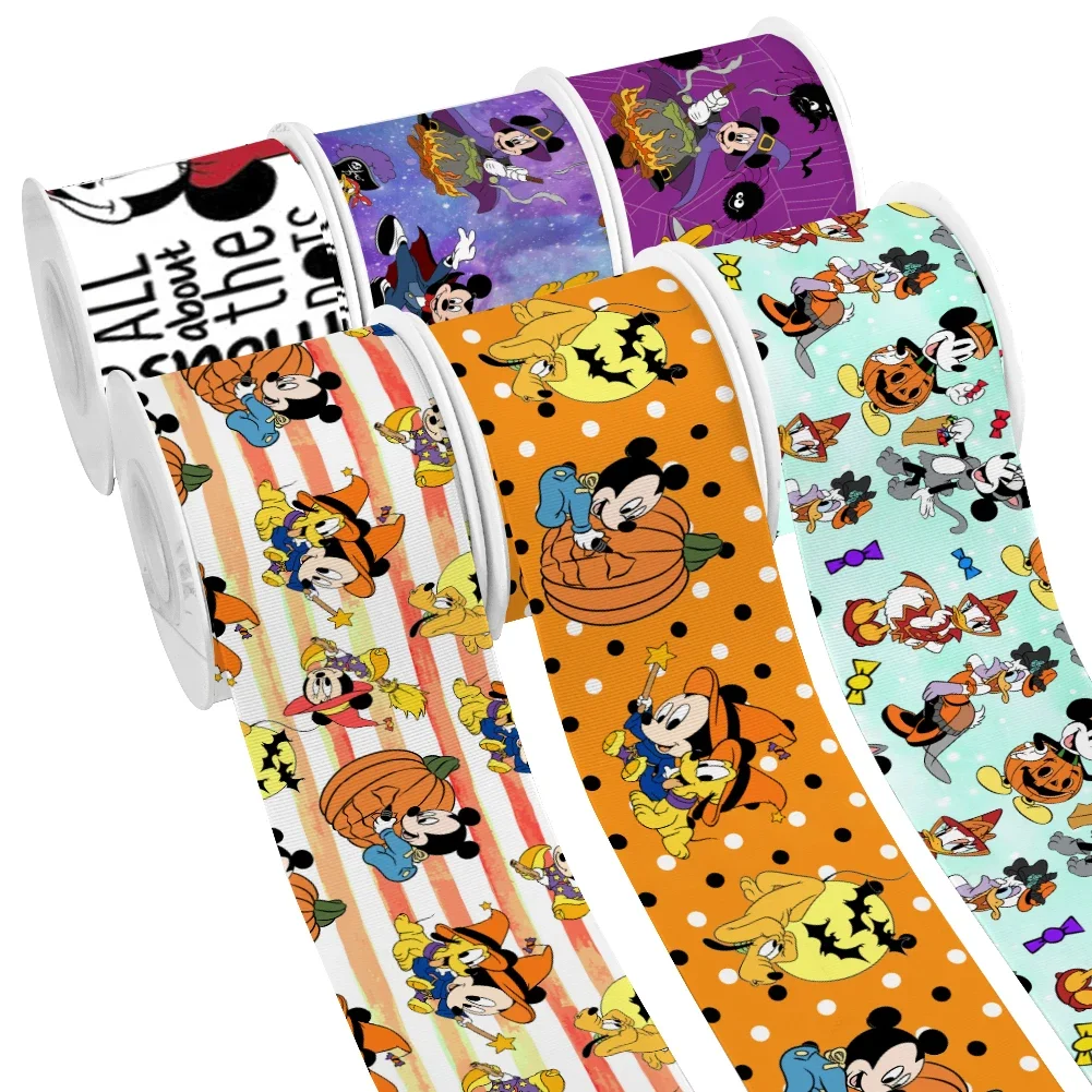 

50 Yards Halloween Disney Cartoon Mickey Minnie Mouse Design Printed Grosgrain Satin Ribbon for Gift Wrapping Hair Bow