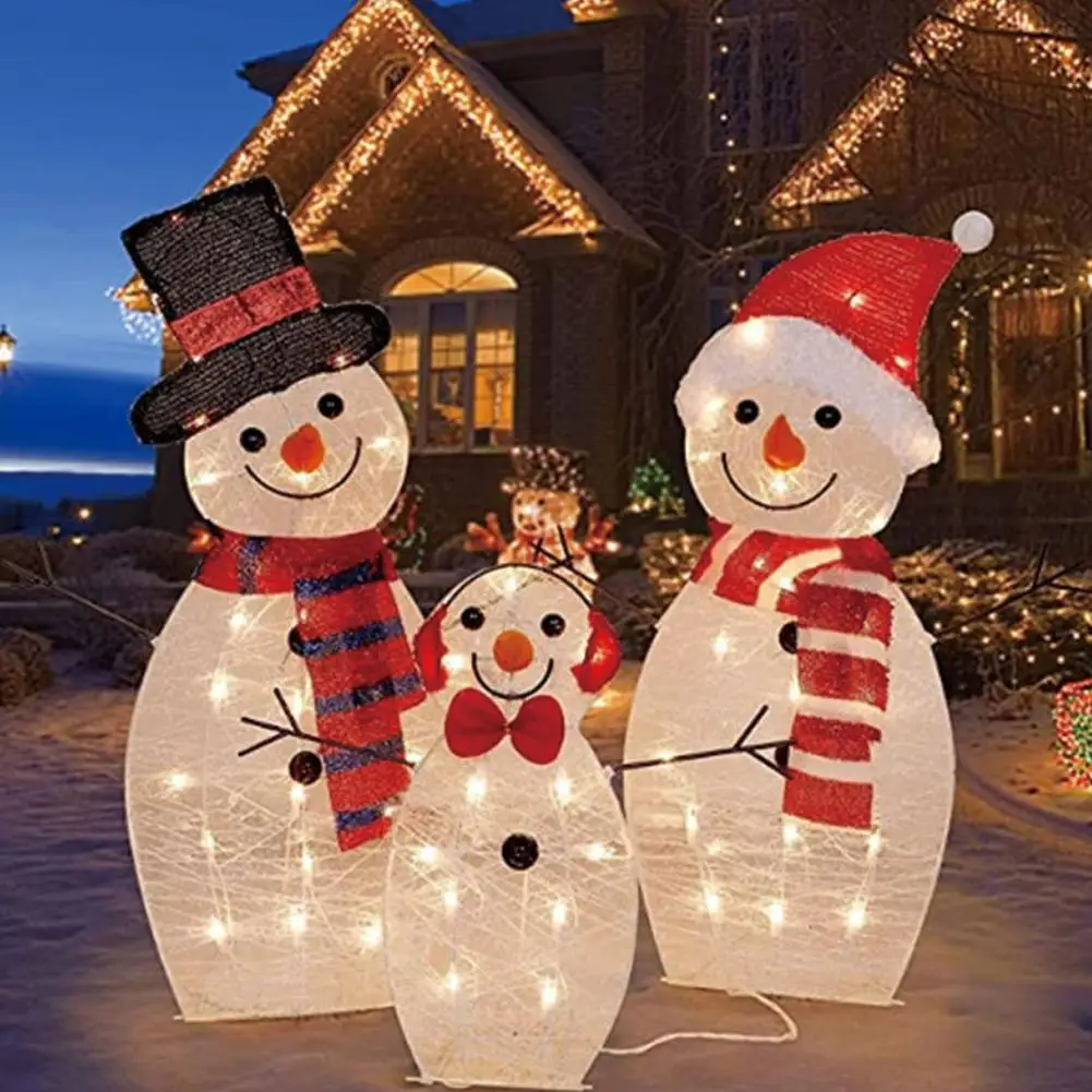 Decorazione da giardino natalizia con pupazzo di neve illuminato da 3 pezzi con luce a LED, pupazzo di neve incandescente, decorazioni natalizie per la casa all'aperto
