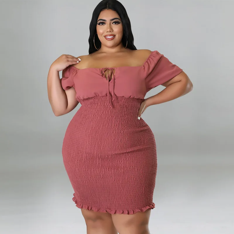 

European and American large-size women's clothing summer new products one-word collar hip-wrapped dress full piece