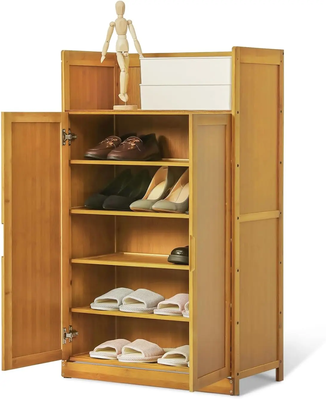 Bamboo Free Standing Shoe Shelf Organizer Storage Cabinet,5 Tier Shoe Rack with Doors High Baffle,Shoe Cabinet Organizer Brown