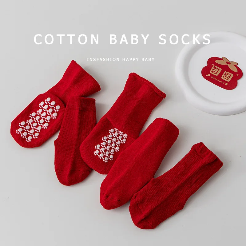 Baby Boys Christmas Socks Stuff Middle Cotton Solid Color Socks Spring Autumn Winter Kids New Year Red Socks Children Clothes