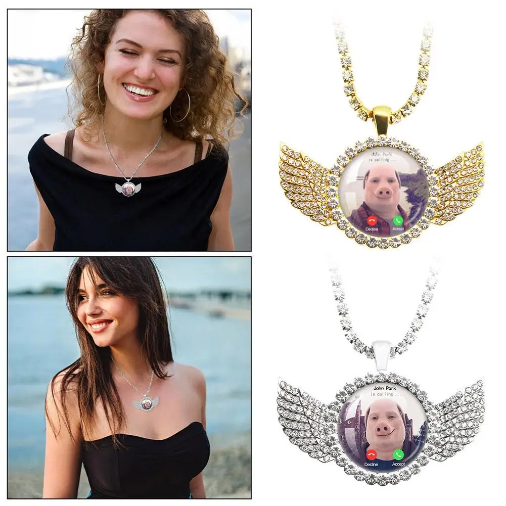 John Pork Is Calling Answer Call Phone Humor Funny Pig Lover Graphic The Moon Necklace Angel Wings Pendant Necklace Jewelry Gift - view 4