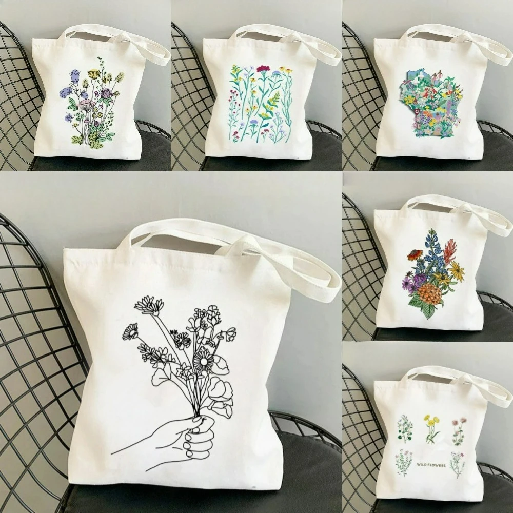 Wildflower Botanical Canvas Tote Bag, Vintage Floral Print Shoulder Bag, Aesthetic Handbag for Plant Lovers, Daily Use Gift