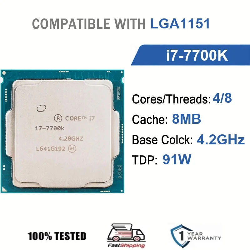 Intel Core i7-7700K 4 núcleos 8 hilos 4,2 GHz 91 W 8 MB de caché 14 nm LGA 1151 SR35A DDR4 2133/2400 MHz, DDR3L 1333/1600 MHz Kaby Lake