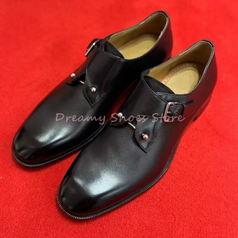 

Black Leather Belt Buckle Low Heels Loafers Men Metal Decor Round Toe Oxford Shoes Luxury Men's Lace Up Business Wedding Shoes