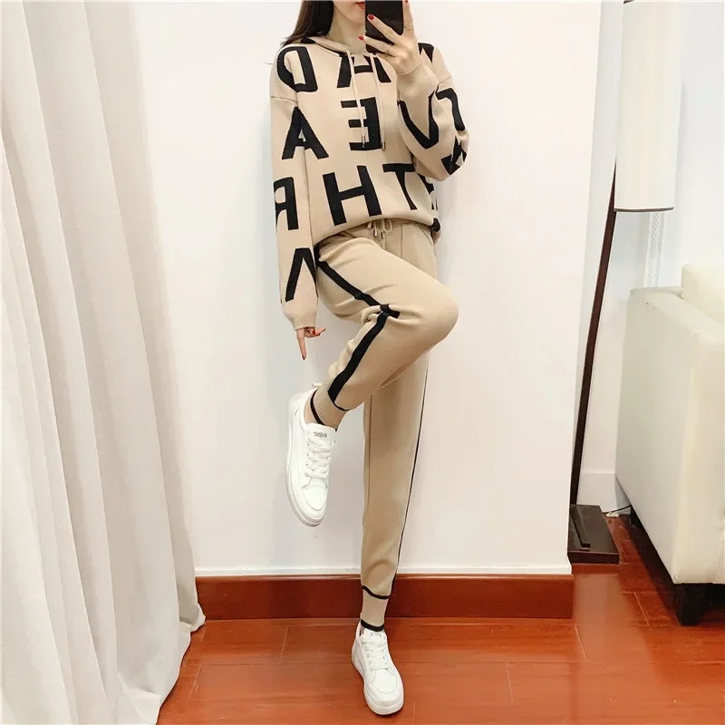 Muslim Tracksuit Women Hoodie Outfits Knitting Letter Print Sweater Pencil Pants Drawstring Trousers Suit Knit Two Piece Sets