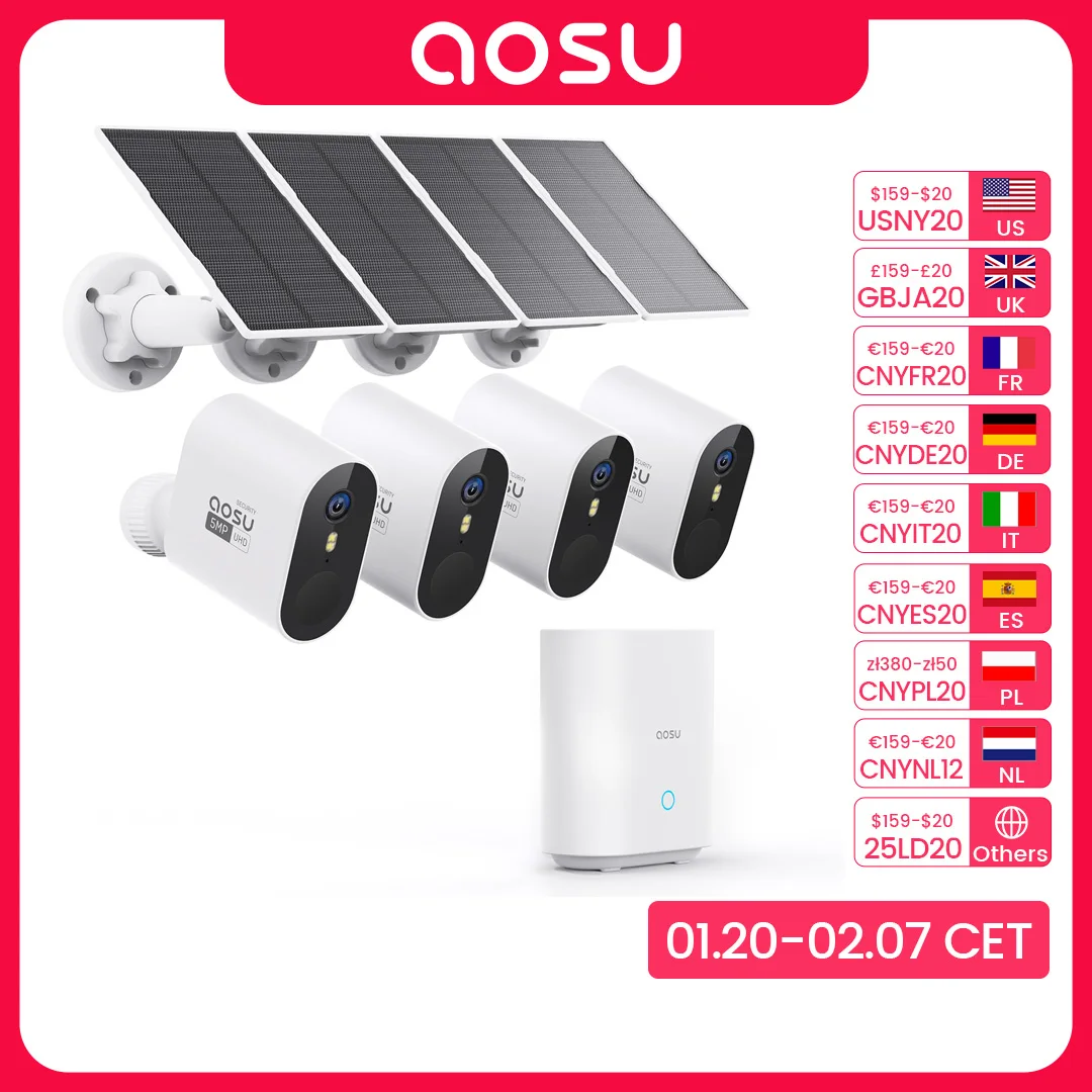 AOSU 5MP Wireless Solar Camera System 4 Cam Kit Outdoor WiFi Solar Security Camera Set Color Night Vision 2-Way Talk