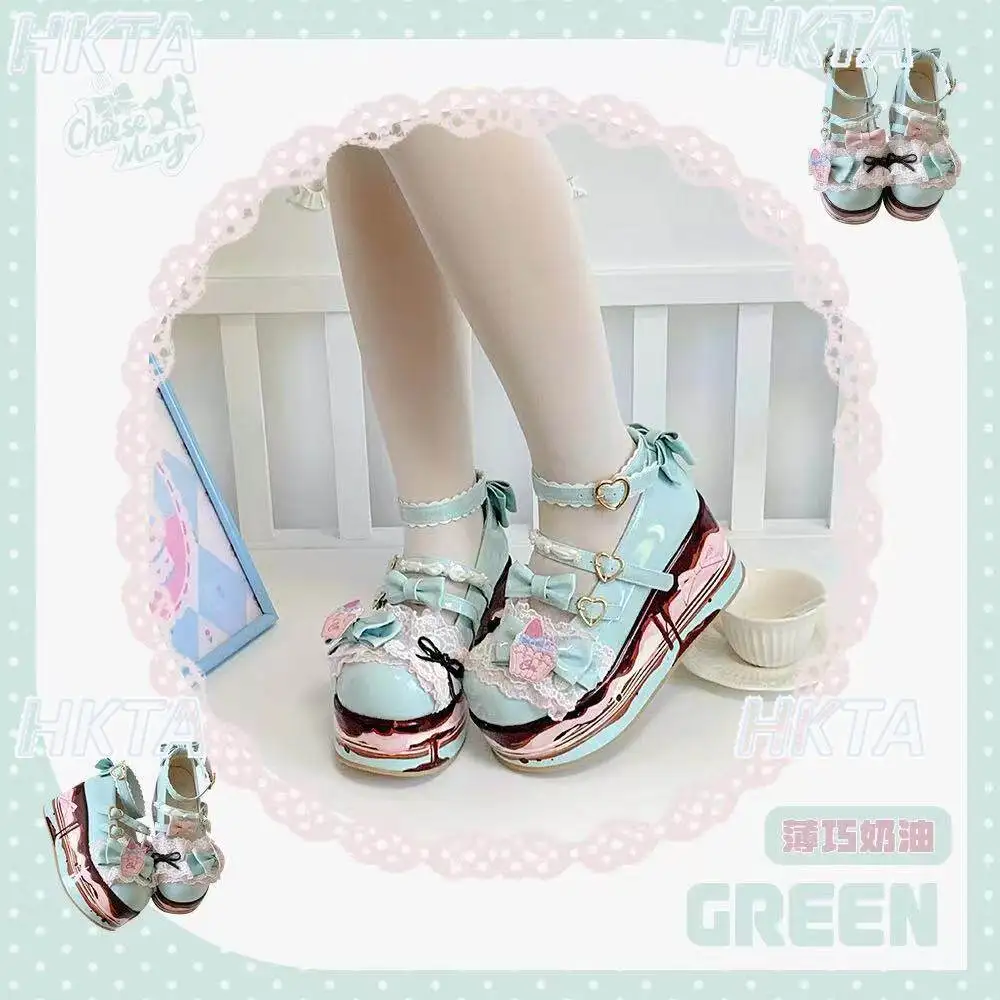 Japanese Lolita Bow Round Head Tower Buckle Platform Mary Jane Shoes Girl 2026 Summer New Sweet Cute Lace Thick Sole Shoes Women