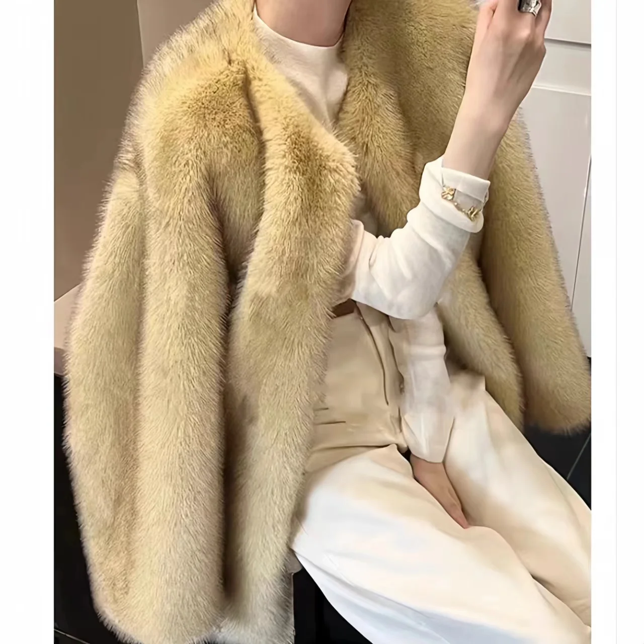 Open Stitch Faux Fox Fur Coat for Women, O-Neck Long Jacket,Thick Warm Clothes,England Style,Autumn and Winter, 2024