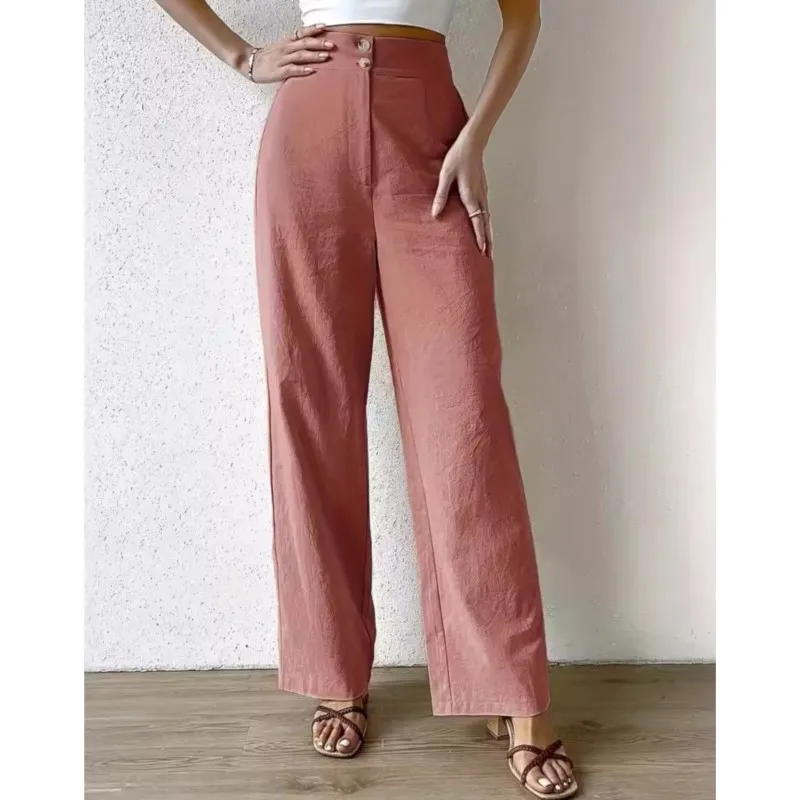 Women's Cotton Linen Wide Leg Pants 2025 Summer Fashion Straight Leg Pants New Lady High Waisted Casual Pants Female Clothing