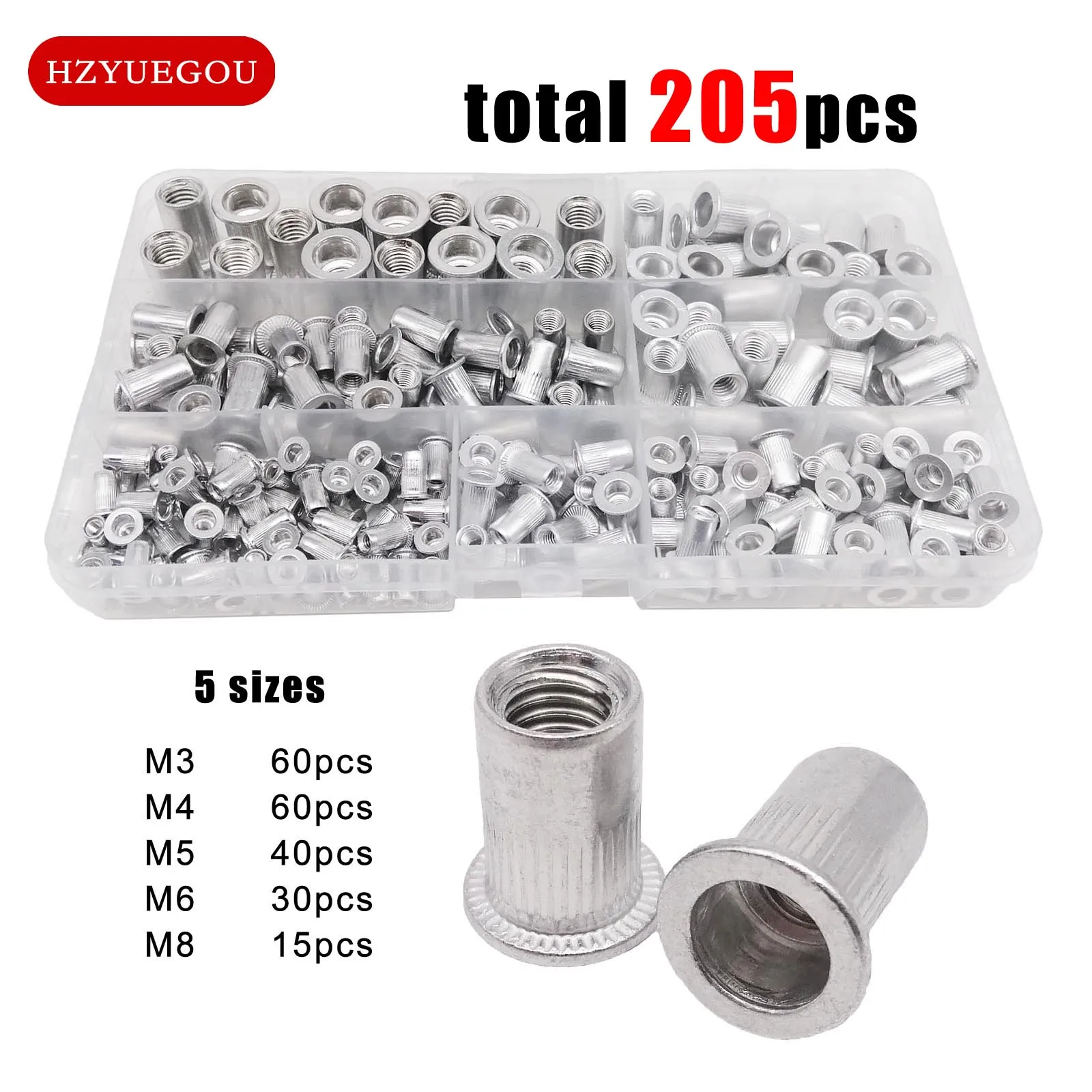 70/205pcs/box Aluminum Insert Rivet Nut Rivnut Nutsert Mix M3 M4 M5 M6 M8 Size Set Assortment Kit Flat Head High Quality