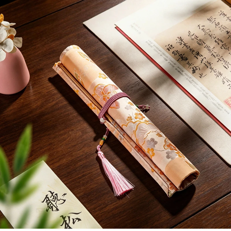 Bamboo Brocade Satin Retro Ventilated Calligraphy Brush Roll Curtain Large Capacity Chinese Painting Ink Brush Storage Organizer