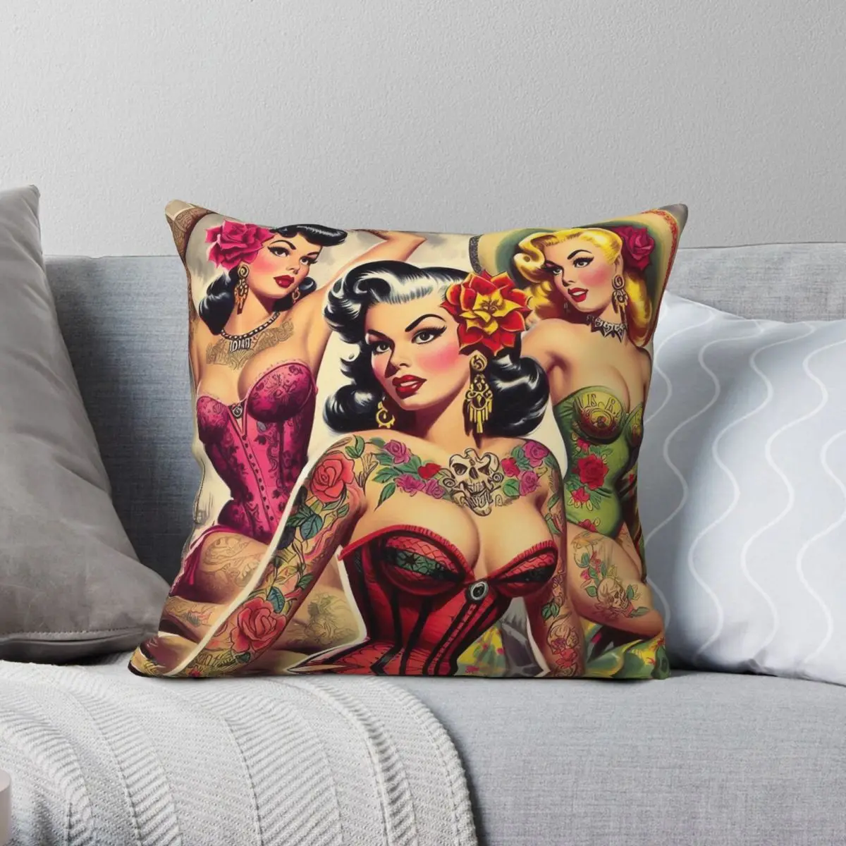 Vintage Tattoo Pin Ups Square Pillowcase Polyester Linen Velvet Pattern Zip Decor Sofa Cushion Cover Wholesale 45x45