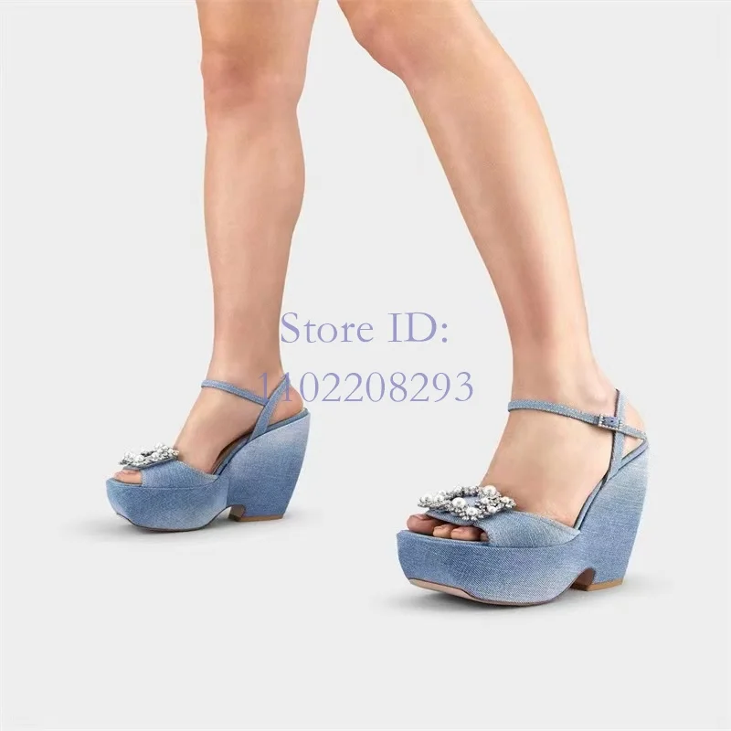 

Denim Crystal Platform Chunky Heeled Sandals Square Toe Back Buckle Strap Silk Sandals 2024 Summer Women Fashion Leisure Shoes