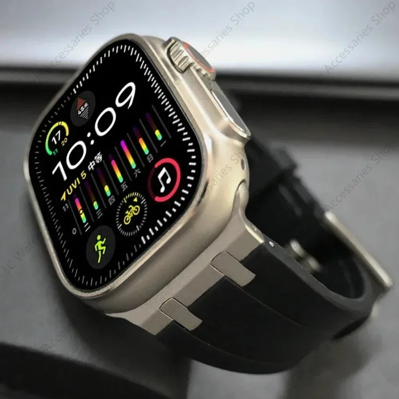 Titanium Color Metal Head Silicone Band for Apple Watch Ultra 2 49mm 45/44/42mm Rubber Strap for Iwatch Series 9 8 7 6 5 4 Se 3