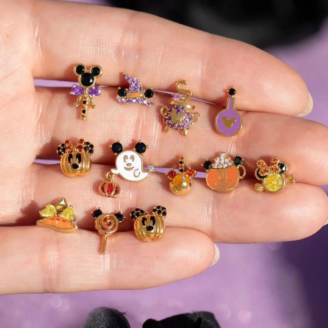 Disney Mickey New Zircon Cartoon Halloween Pumpkin Stud Earrings Set for Women Girls Holiday Commemorative Jewelry Gifts