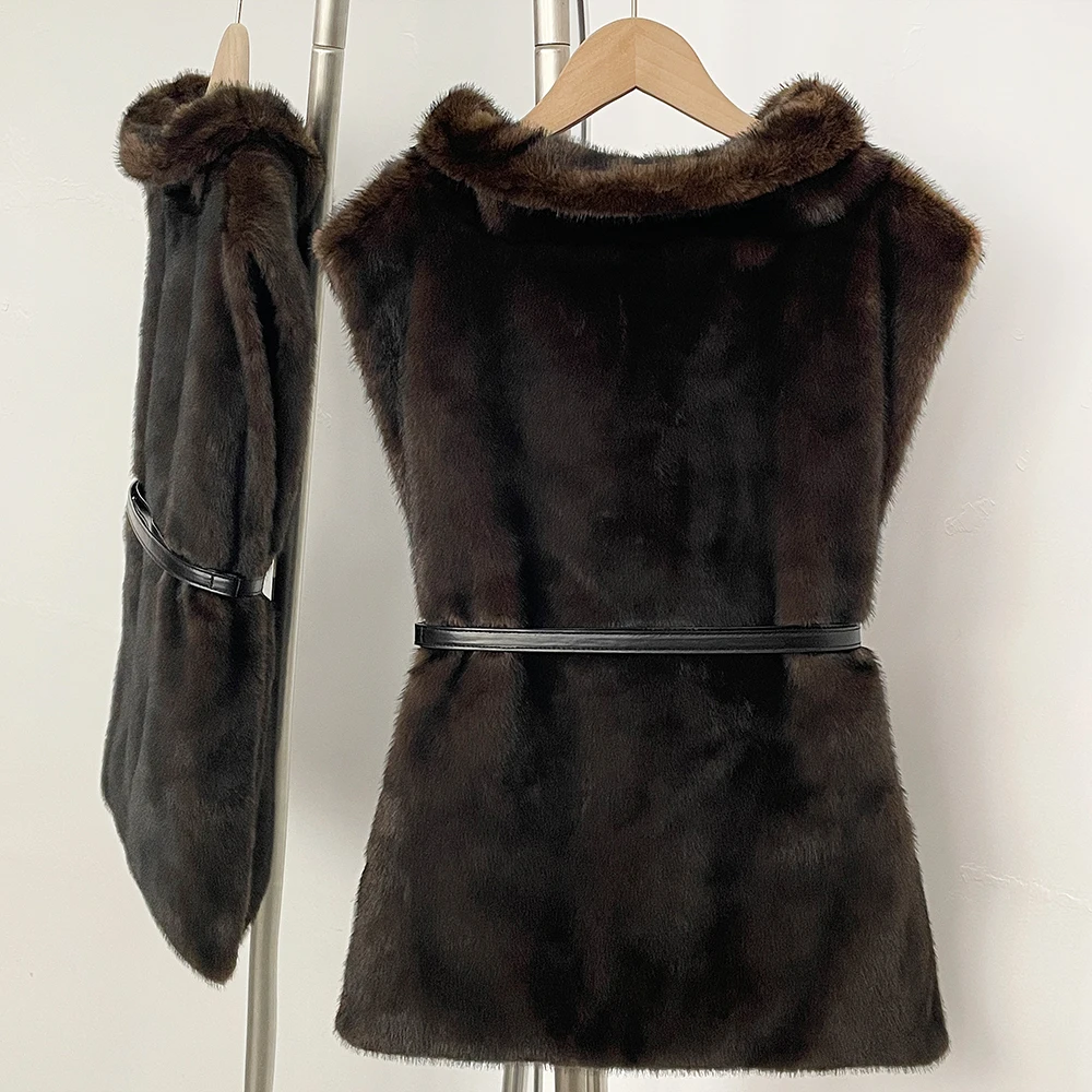 Fake Fur Coat Eco-friendly Women Autumn Faux Fur Jacket Sleeveless Winter Clothes Female Warm Thick Belt Artificial Fur Coat