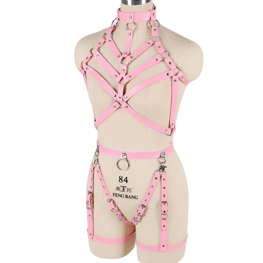 BONDAGE STRAPPY Full Body Harness Leather Women Lingerie Chain Rivet Top Cage Bra Punk Goth Pink Rave Adjustable Garter Belt