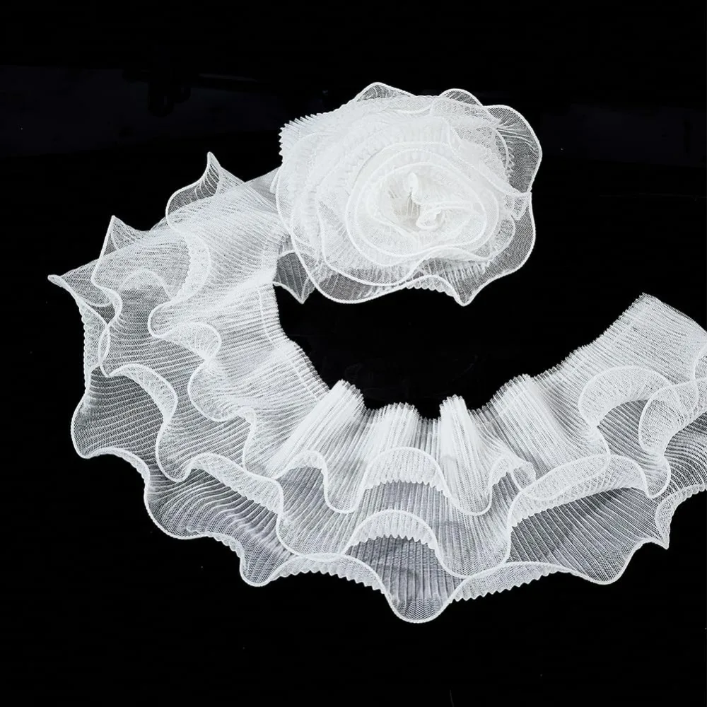 2 Yard 4.8Inch Retro Ruffle Pleated Trim 3-Layer Pleated Tulle Lace Ruffled Lace Trims Pleated Polyester Creamy White Inelastic