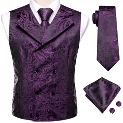 Hi-Tie Dark Purple Men Vest Elegant Silk Paisley Jacquard Waistcoat Jacket NeckTie Hanky Cufflinks for Men Business Party Hi-Tie