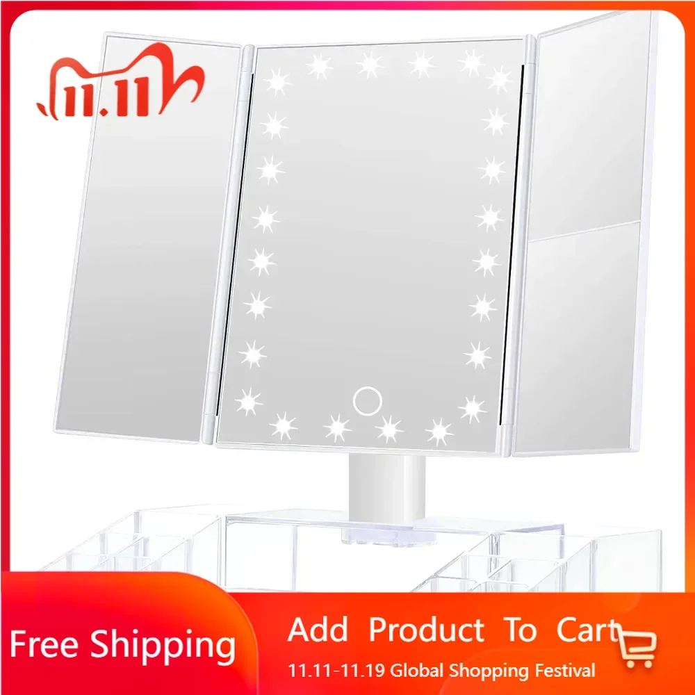 Makeup Mirror with Lights and Storage - 3x/2x Magnification, Tri-Fold Cosmetic Vanity Mirror with 24 Led Light, Touch Screen