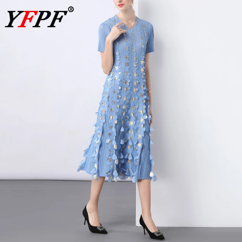 

YFPF Miyake плиссированное платье женское с блестками и кисточками, длинные платья с короткими рукавами, элегантная летняя новая одежда 2025, 3A409