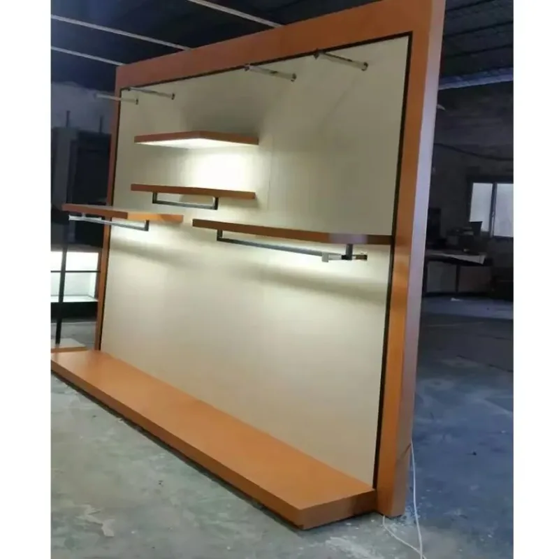 

#s High-grade Men's clothes display cabinet rack with grain finish and light boutique portable wood clothing store display rack