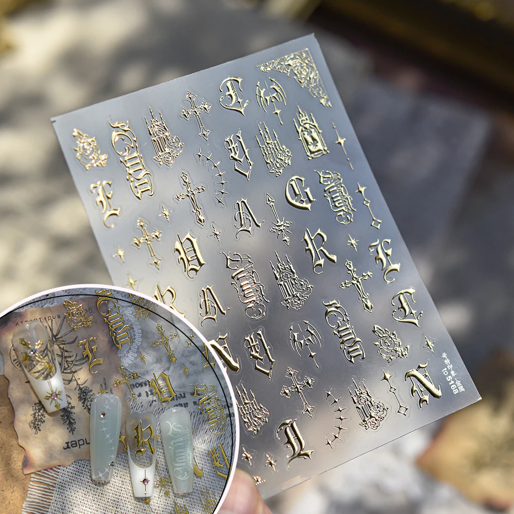 Gothic Style Gold Silver Frame Irregular Pattern Adhesive Slider 3D Nail Stickers Nail Accessories Decorations Decals