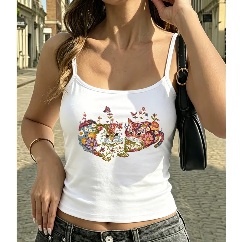 Women Floral Cat Butterfly Print Spaghetti Strap Top Vintage Botanical Cottagecore Casual Daily Summer Vest