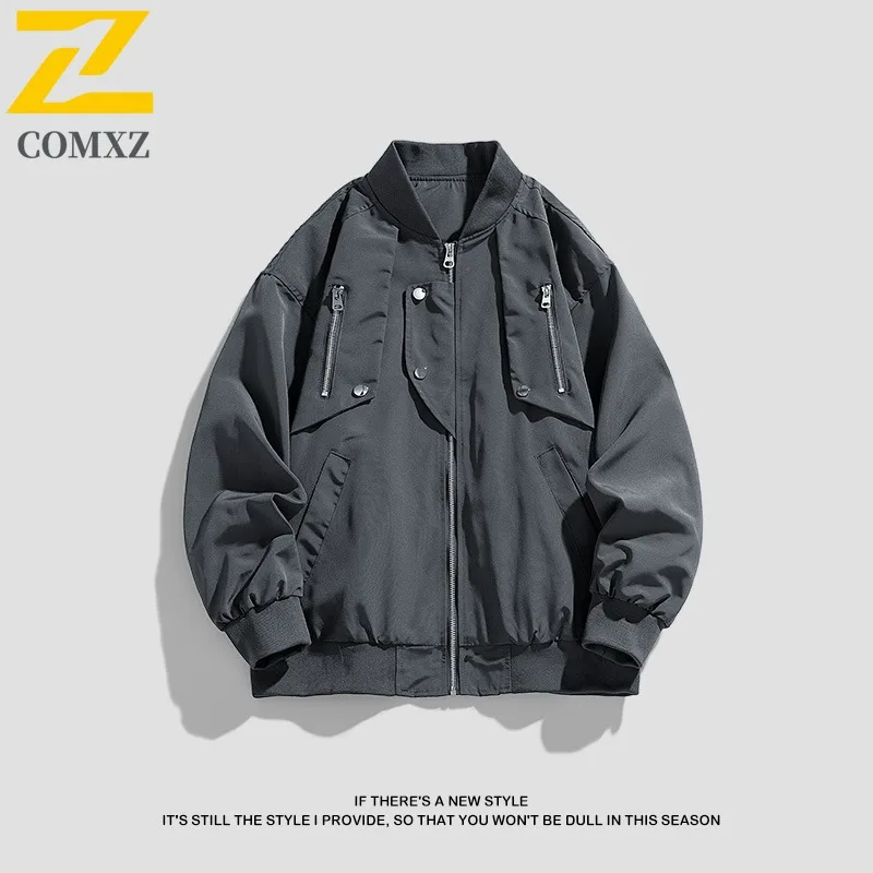 

COMXZ новая летная куртка через границу, мужская одежда, повседневная куртка, однотонное пальто с заклепками, американское винтажное мужское пальто с воротником-стойкой, свободная мода