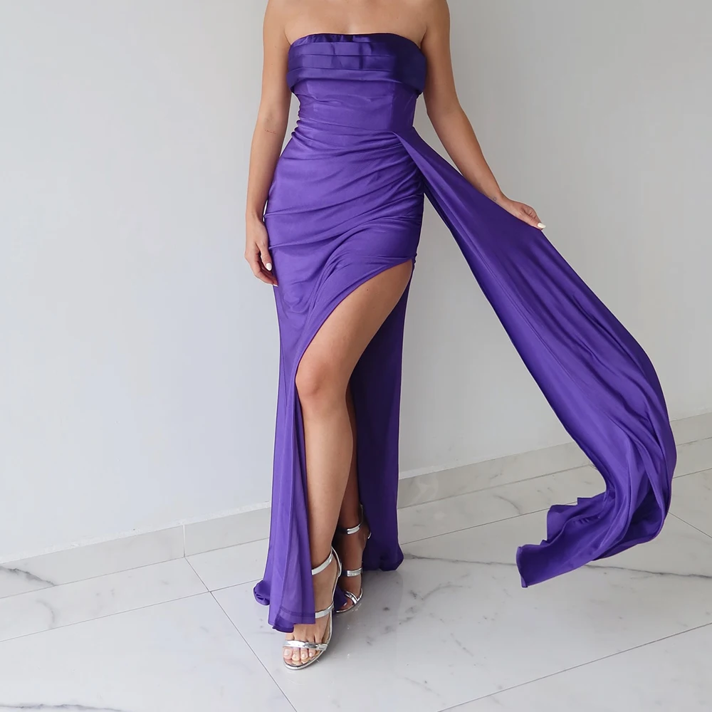 Customized Temperament High Quality Jersey Straight Side Slit Evening Dress Delicate  Floor Length Strapless vestidos de fiesta