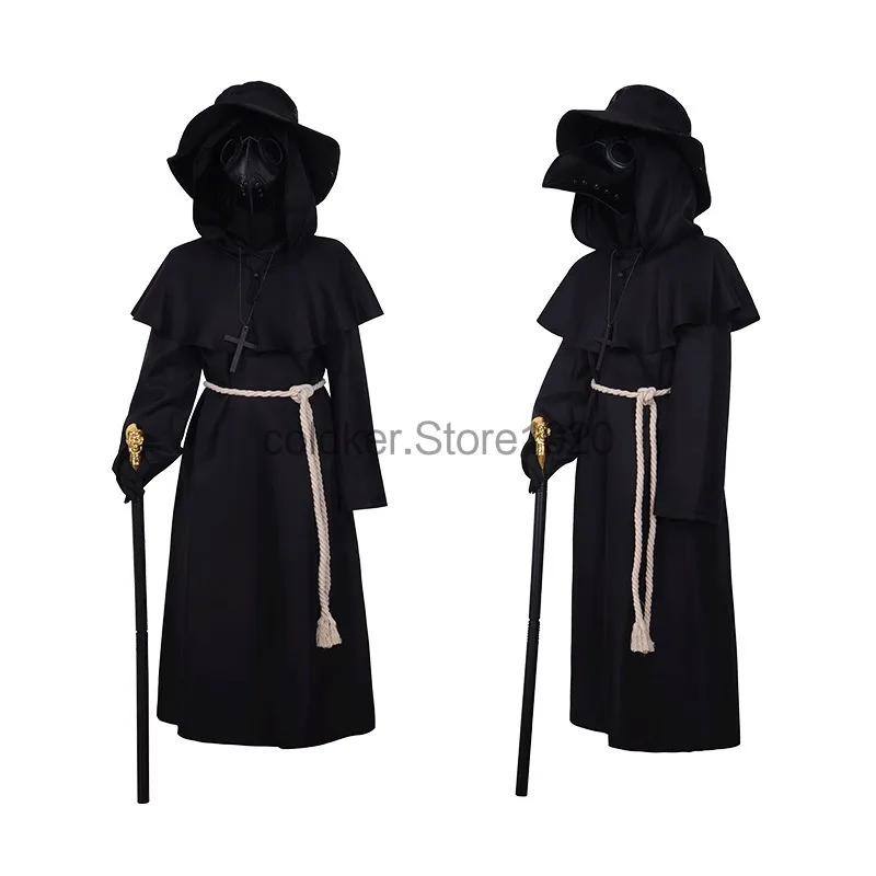 New Halloween Plague Doctor Cosplay Costume for Men Women Evil Black Hooded Robe Crow Beak Mask Adult Carnival Party Outfis view 2