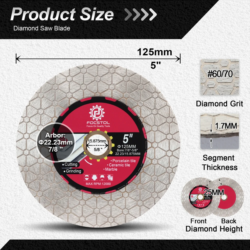 FOCSTOL Diamond Cutting Disc 125mm Tile Cutting Grinding for Porcelain Ceramic Tiles Marble Granite Artificial Stone Quartz