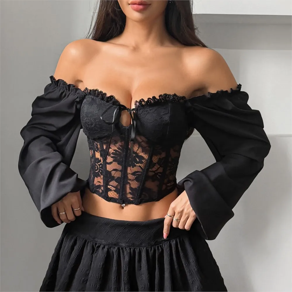 New Semi-transparent Lace Eyelash Tie Square Neck Design Fishbone Long-sleeved Women T-shirt