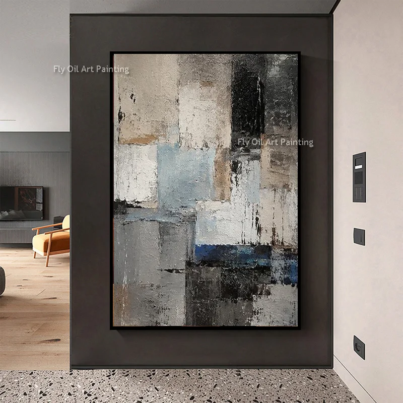 Neutral Block Layer Abstract Hand Painted Oil Painting Heavy Impasto Canvas Art Muted Grey Blue Beige Wall Art For Room Decor